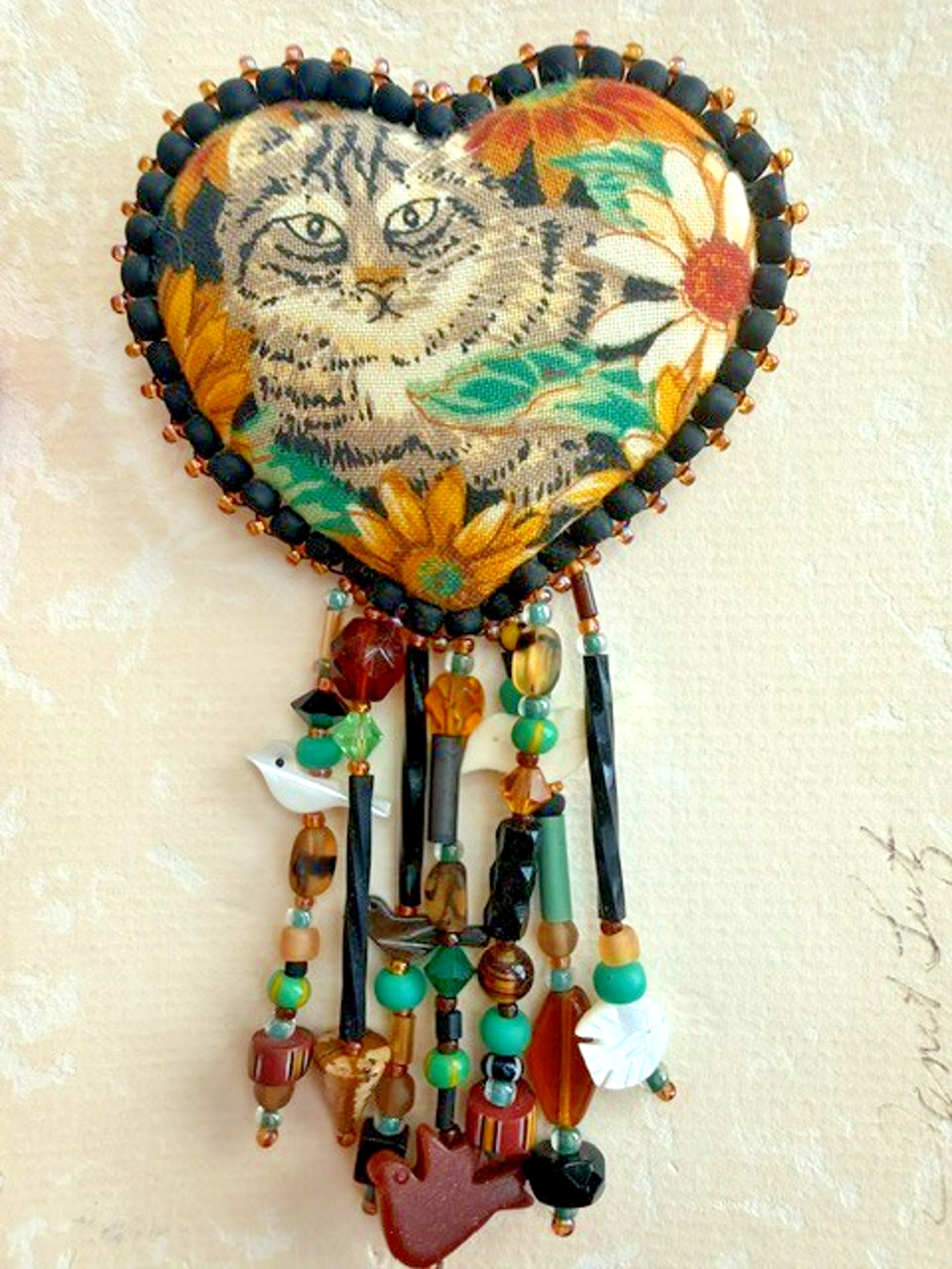 VINTAGE KITTY CAT Handmade Heart Pin BROOCH Birds Beaded Dangle Puffy Fabric ART